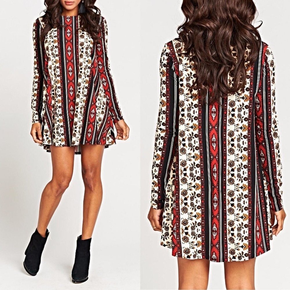Show Me Your Mumu Tyler Tunic Dress Women S‎ Long Sleeve Stretch Crew Neck EUC